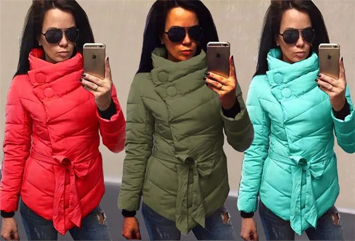 Women Winter Designer Parkas Solid Color Belt Irregular Style Female Clothing Stand Collar Casual s