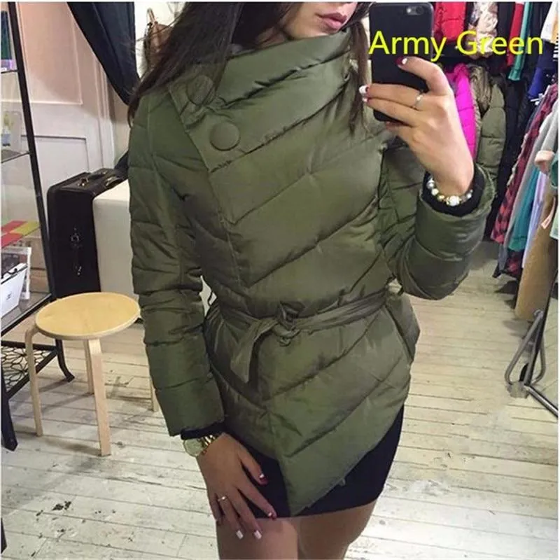 Women Winter Designer Parkas Solid Color Belt Irregular Style Female Clothing Stand Collar Casual s